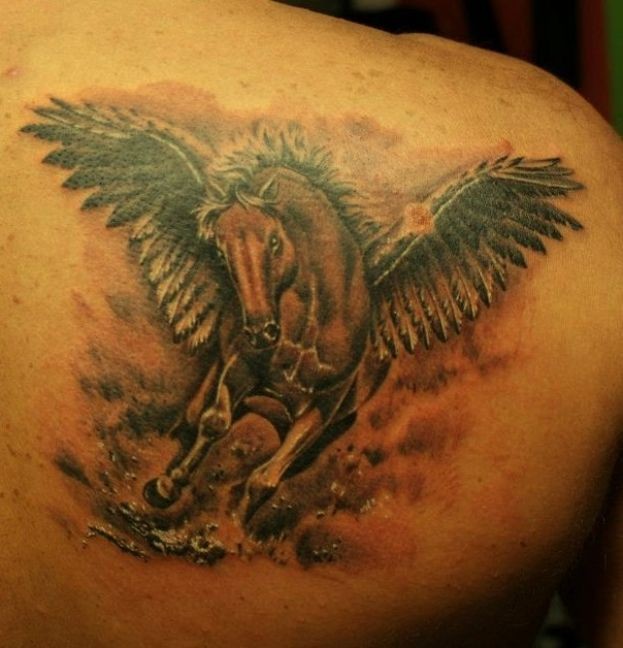 Lovely Running Pegasus Color Tattoo On Back Shoulder