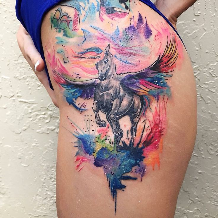 Lovely Running Pegasus Watercolor Tattoo