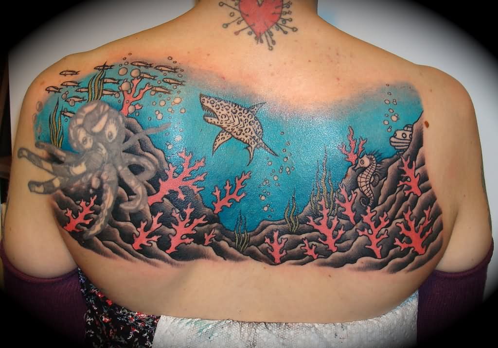 Lovely Sea Creatures Aquatic View Tattoo On Upper Back