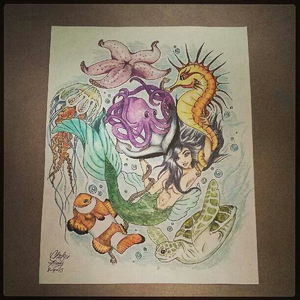 Lovely Sea Creatures With Mermaid Tattoo Design