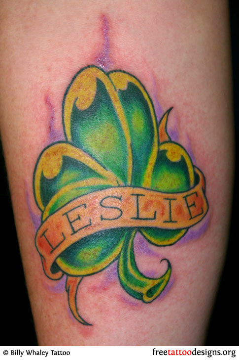 Lovely Shamrock And Name On Banner Tattoo