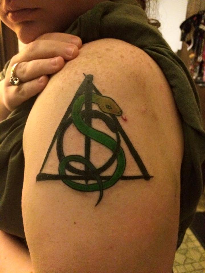 Lovely Snake With Deathly Hallows Tattoo On Left Shoulder