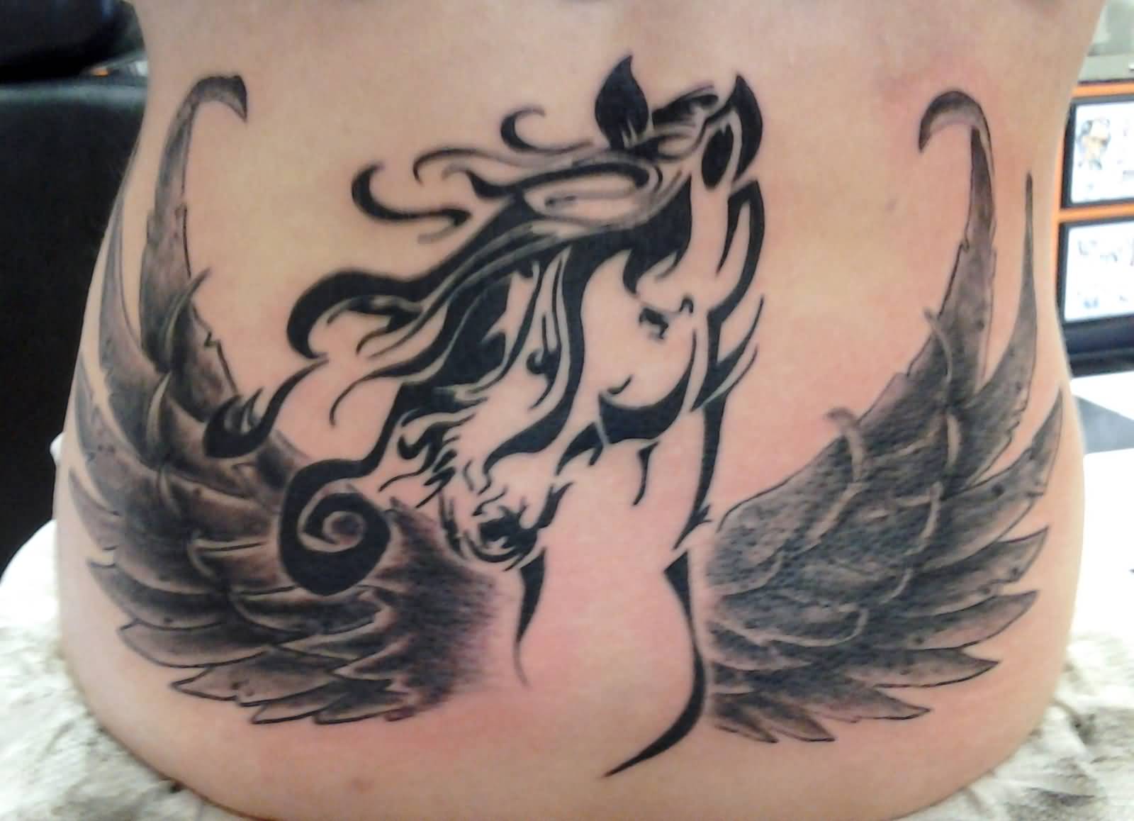 Lovely Tribal Pegasus Head And Wings Tattoo