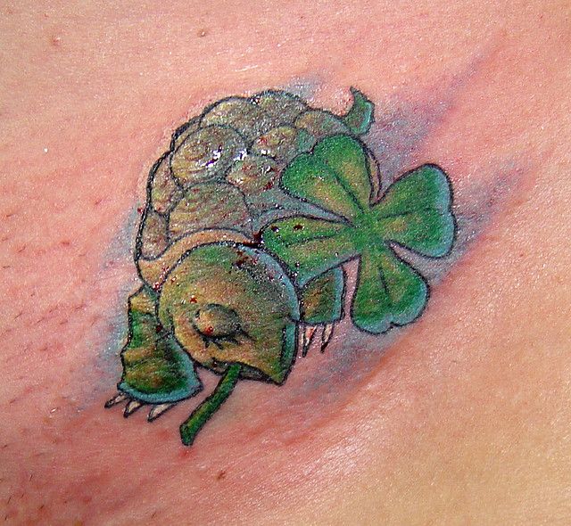 Lovely Turtle Holding Four Leaf Shamrock With Mouth Tattoo