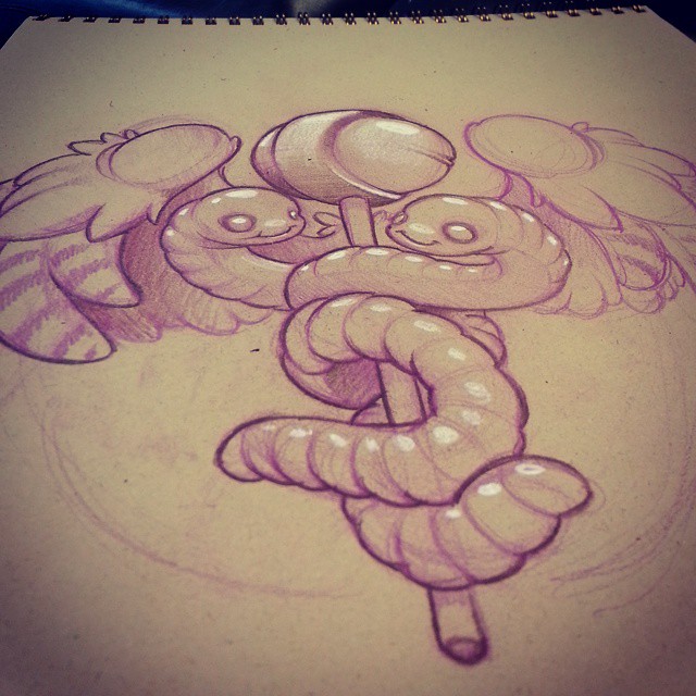 Lovely Two Worms And Lolipop In Mecial Symbol Style Tattoo Design