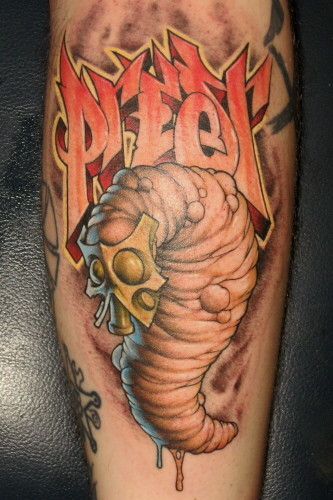 Lovely Worm In Mask With Prest Word Tattoo
