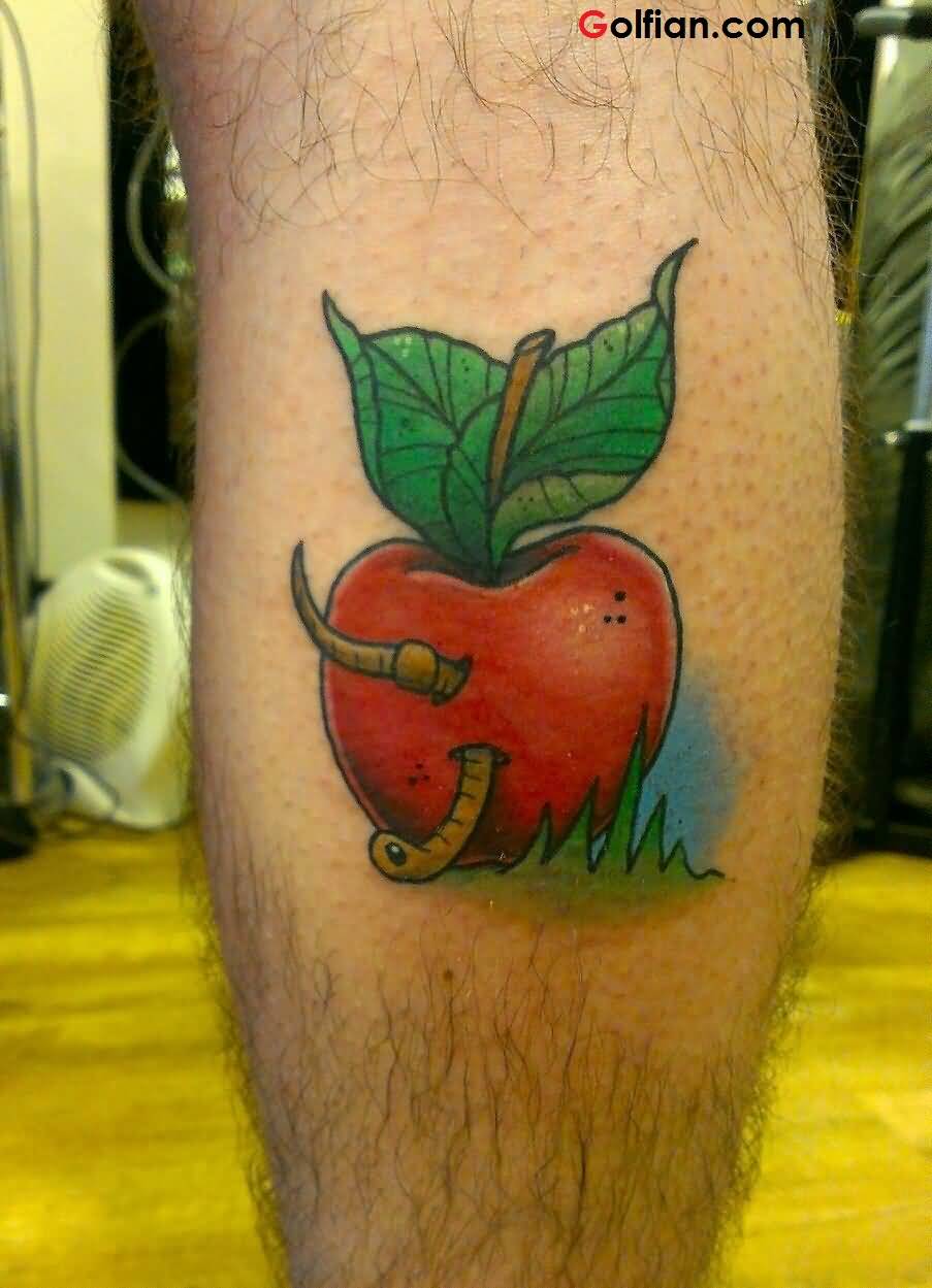 Lovely Worm In Rotten Apple Color Tattoo On Leg
