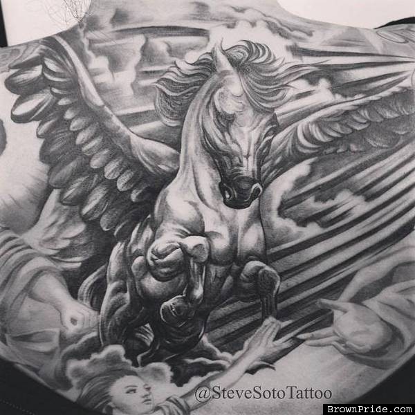 Magnificent Flying Pegasus Tattoo On Upper Back By Steve Soto