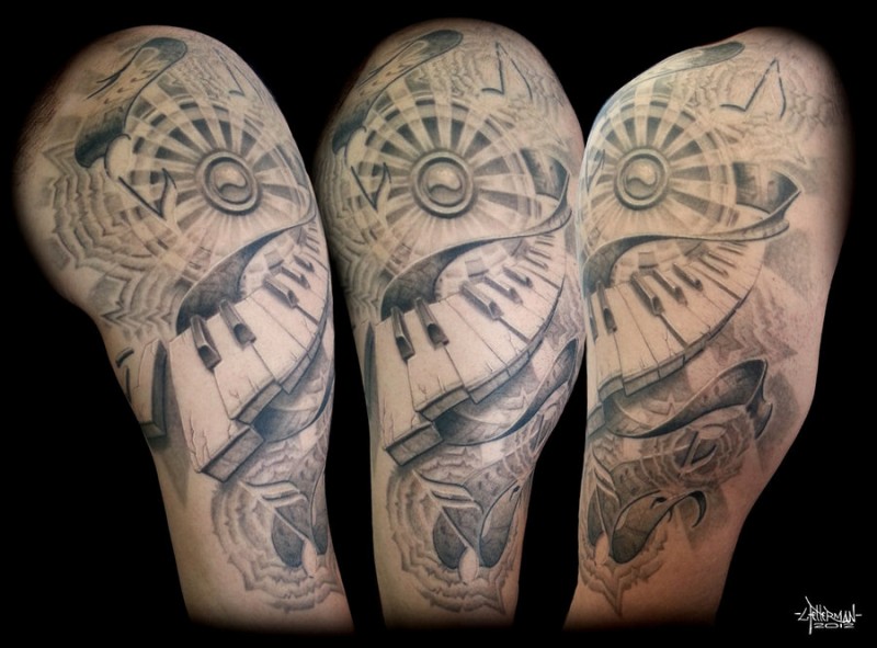 Magnificent Grey Ink Piano Keys Tattoo On Half Sleeve