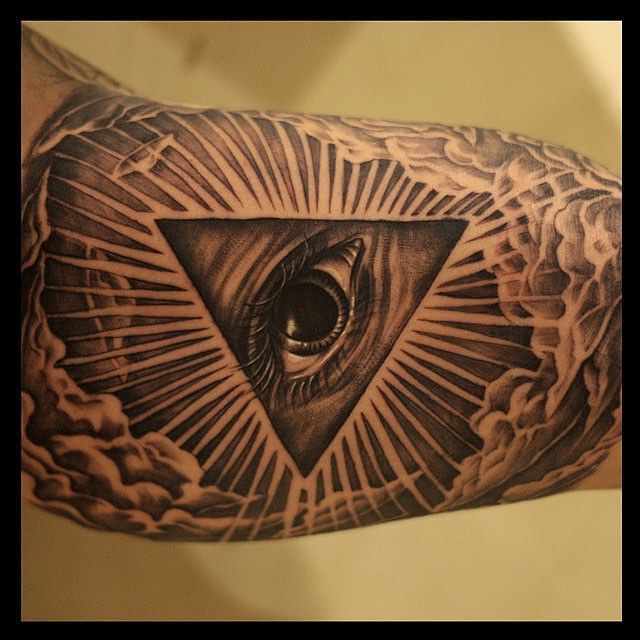 Magnificent Grey Triangle Eye With Sky View Tattoo By Pablo aponte