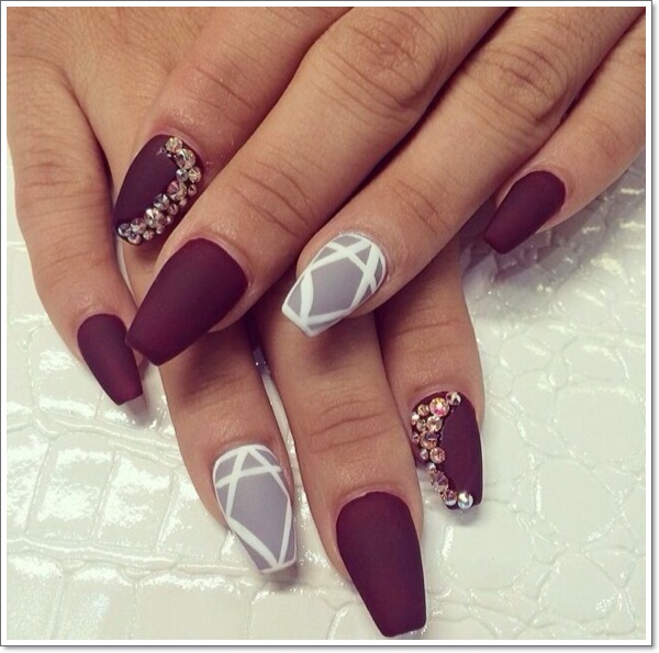 Maroon Matte With Silver And White Design Stiletto Nail Art