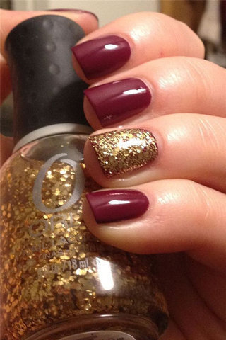 Maroon Nails With Accent Gold Glitter Nail Art