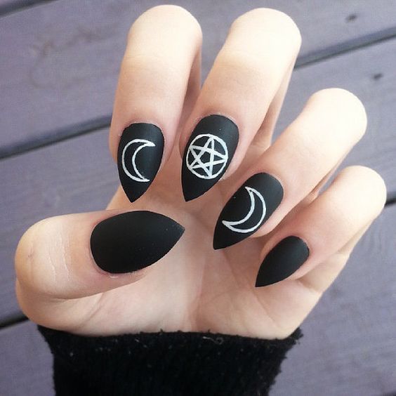 Matte Black Stiletto Nail Art With White Pentagram And Half Moon Design Idea