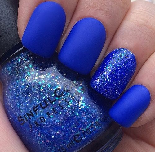 Matte Royal Blue Nails With Accent Glitter Nail Art