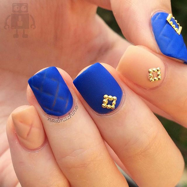Matte Royal Blue Nails With Gold Studded Design Nail Art