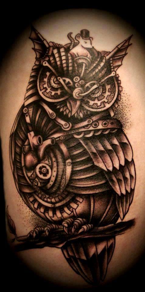 Mechanical Grey Owl And Rat Tattoo