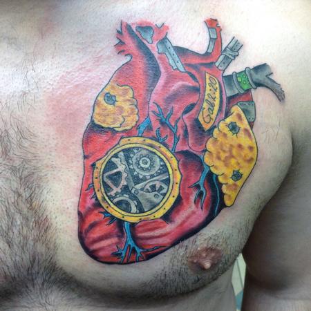 Mechanical Heart Color Tattoo On Chest