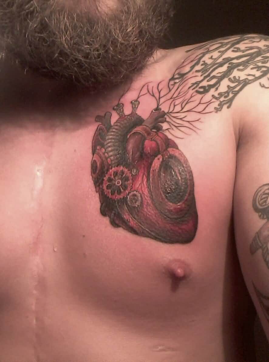 Mechanical Human Heart Tattoo On Left Chest For Men