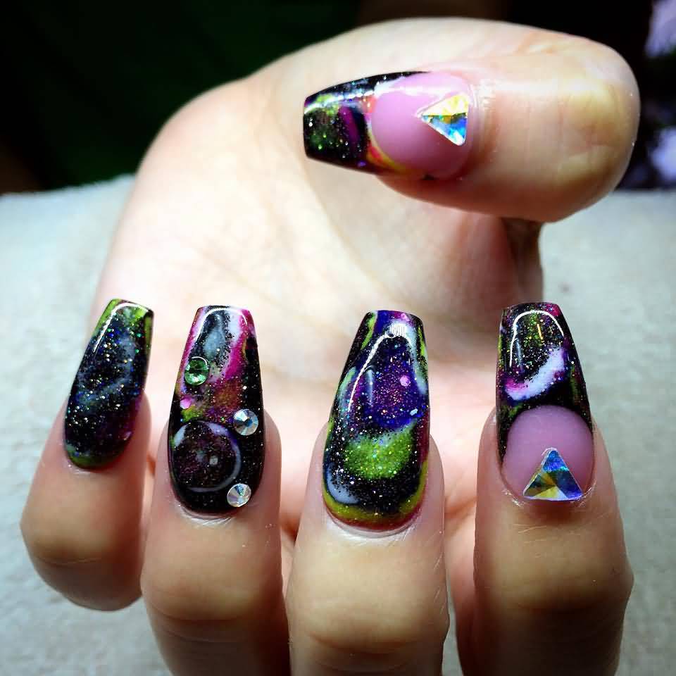 Multicolored Gel Galaxy Nail Art With Rhinestones Design Idea