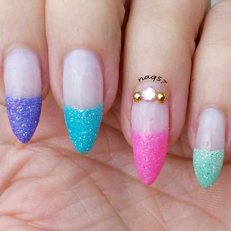 Multicolored Glitter French Tip Nail Art Design Idea For Trendy Girls