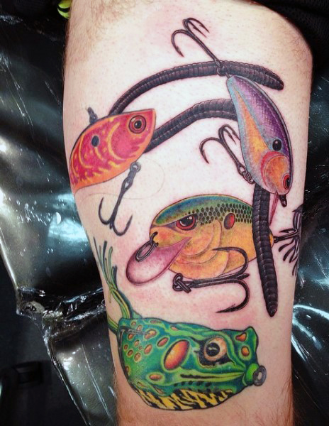 Multiple Fishes With Worm On Fishing Hook Tattoo