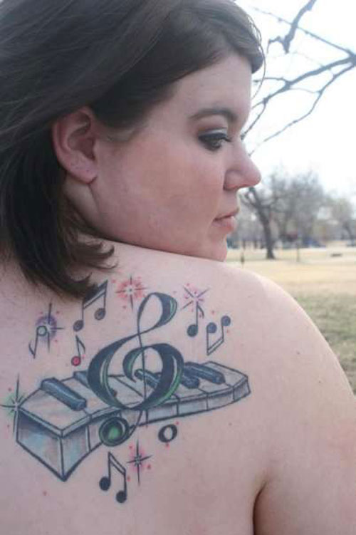 Music Notes With Piano Keys Tattoo On Back Right Shoulder