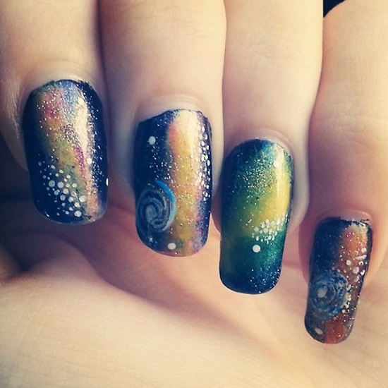 Mysterious Galaxy Nail Art With Rose Flowers Design