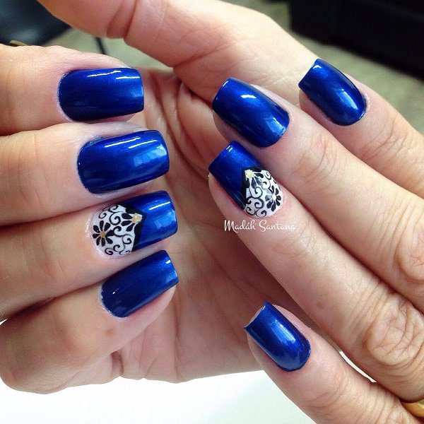 Navy Blue Nails With Black Flowers Design Idea