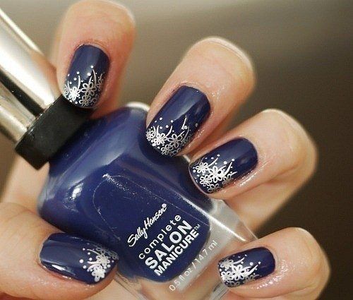 Navy Blue Nails With Silver Flower Stamping Nail Art