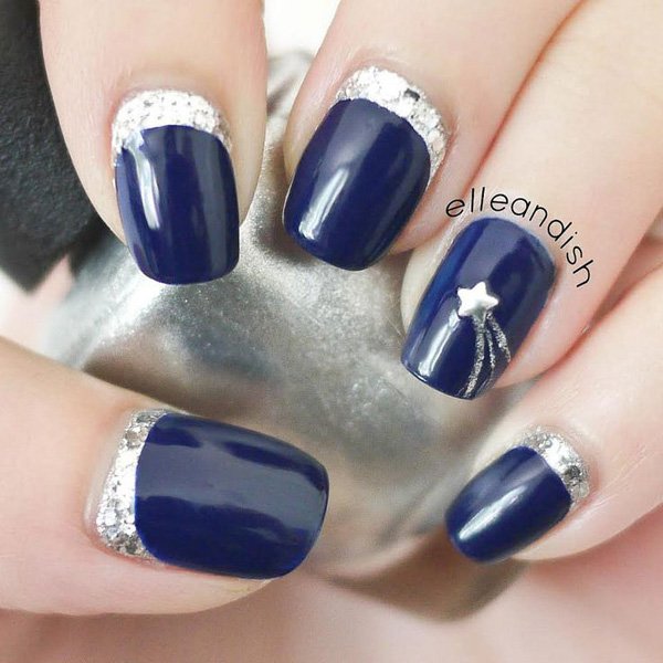Navy Blue Nails With Silver Reverse French Tip Design Idea