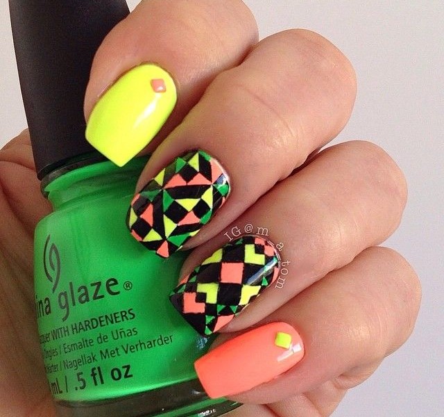 Neon Patterned Tribal Nail Art Designs