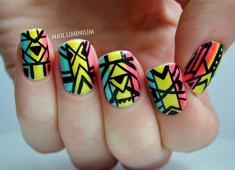 Neon Tribal Pattern Design Nail Art
