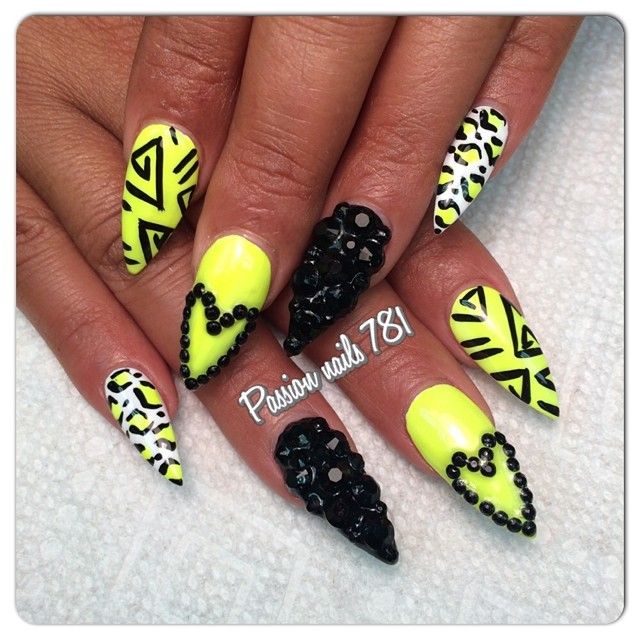 Neon Yellow And Black Stiletto Nail Art Designs