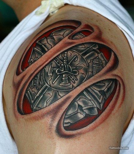 Nice 3D Mechanical Shoulder Tattoo