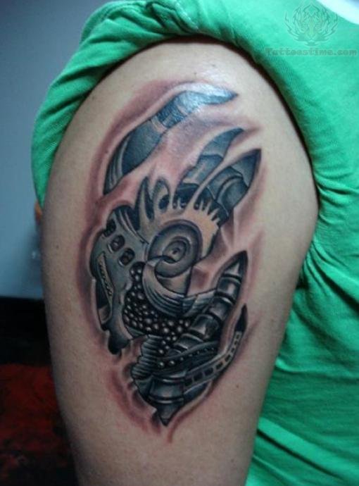 Nice Biomechanical Ripped Skin Tattoo On Right Shoulder