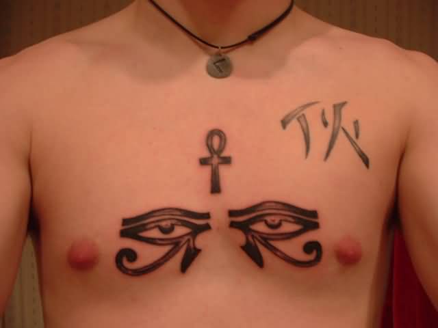 Nice Black And Grey Horus Eyes With Ankh Tattoo On Chest