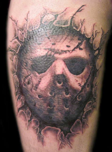 Nice Black And Grey Jason Mask Tattoo