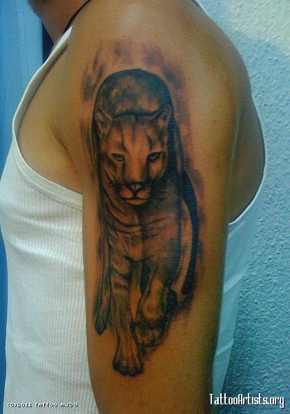 Nice Black And Grey Walking Puma Tattoo On Left Half Sleeve