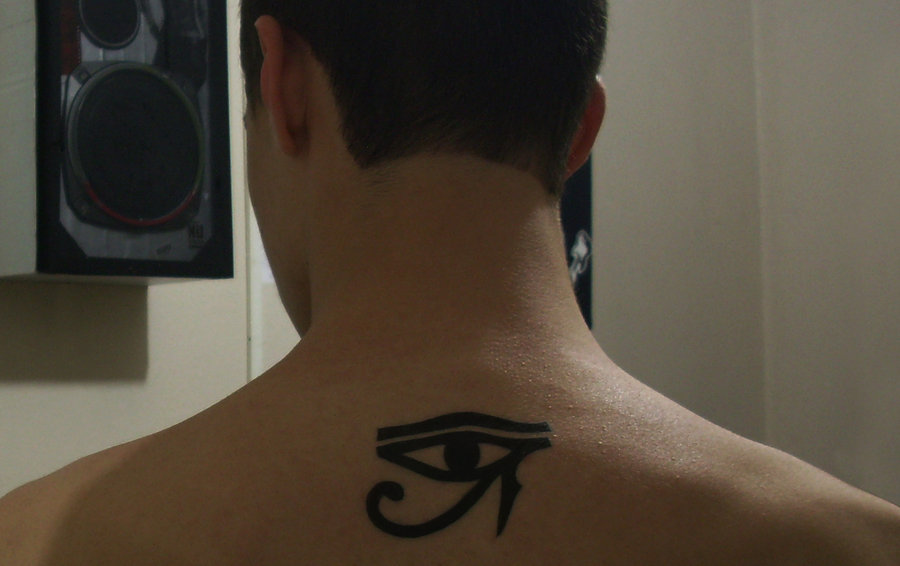 Nice Black Ink Horus Eye Tattoo On Nape By Maciconmzp