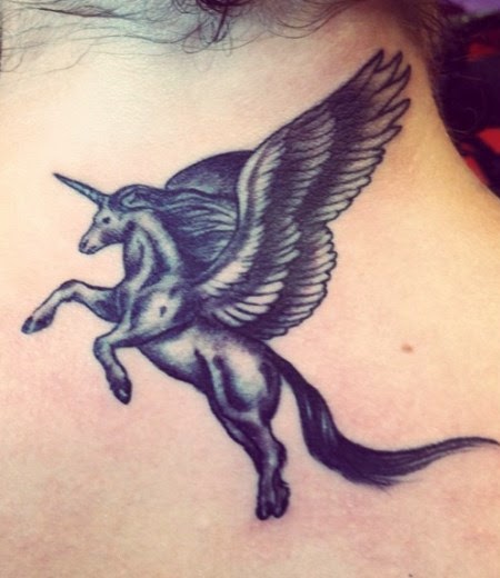 Nice Black Pegasus Flying Tattoo On Upper Back
