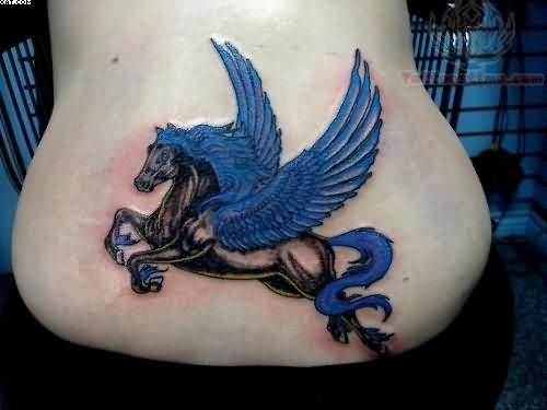 Nice Black Pegasus Having Blue Wings Tattoo On Lower Back
