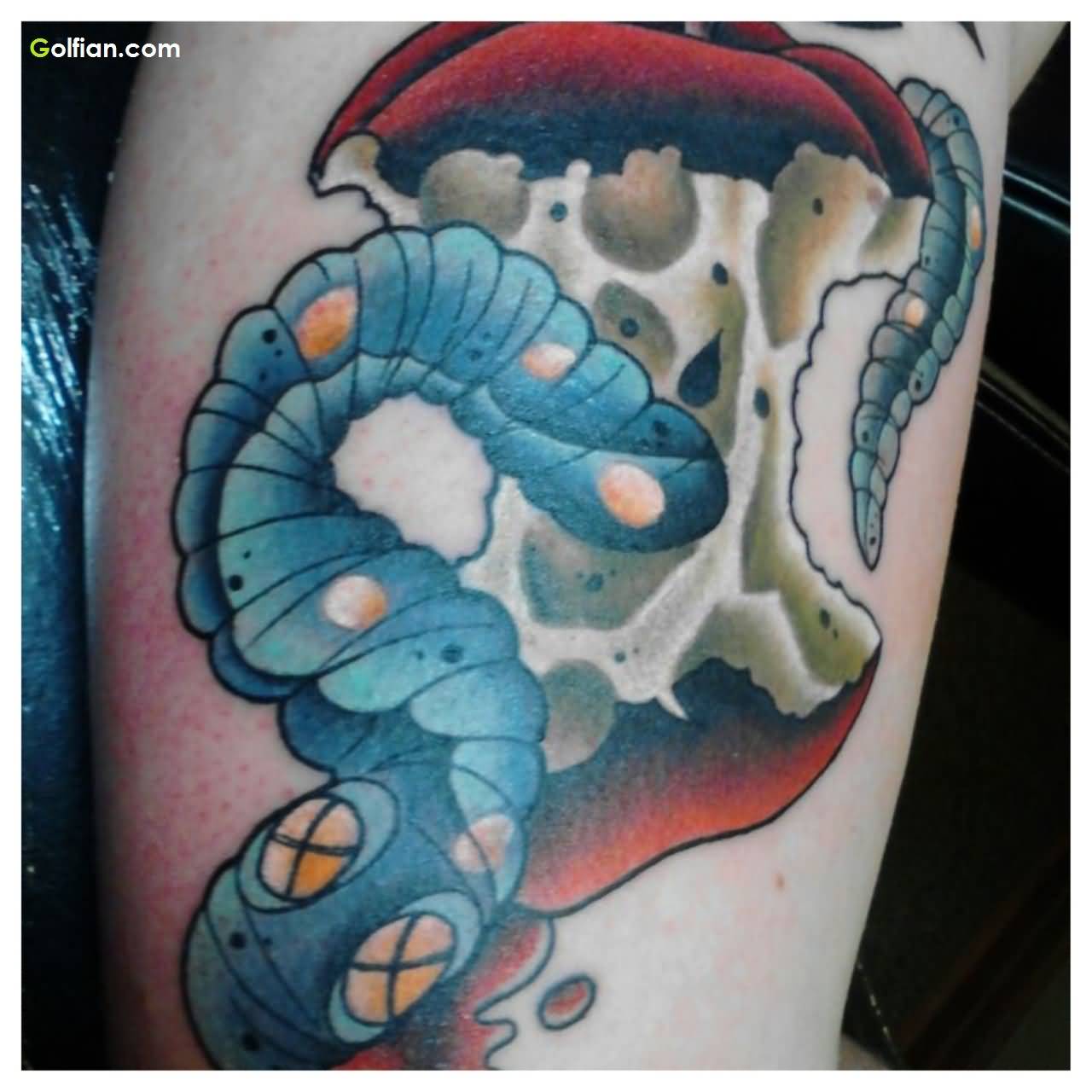 Nice Blue Worm Eating Rotten Apple Tattoo