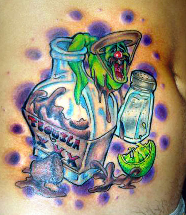 Nice Cartoon Worm With Bottle And Lemon Color Tattoo