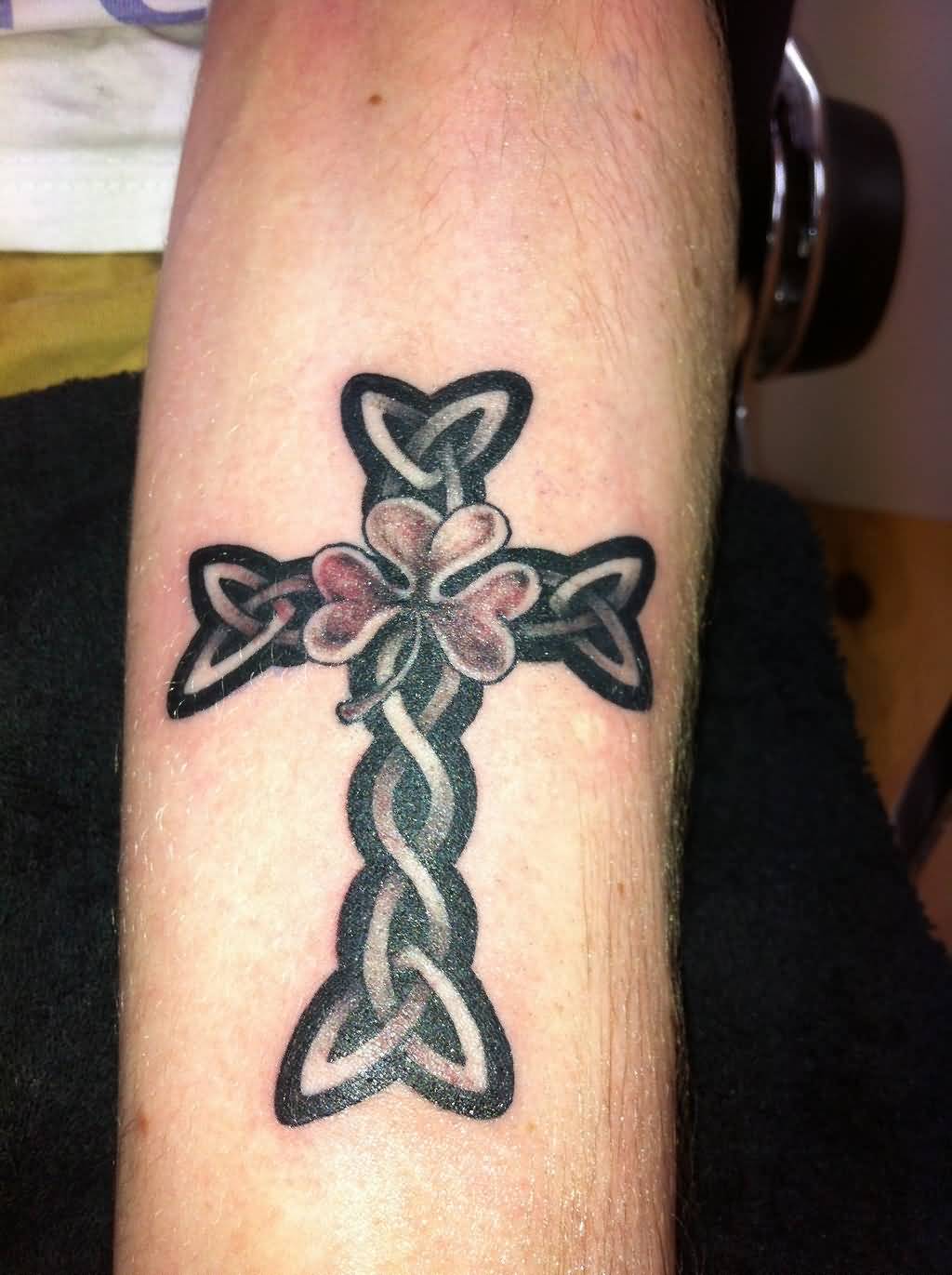 Nice Celtic Cross With Shamrock Tattoo