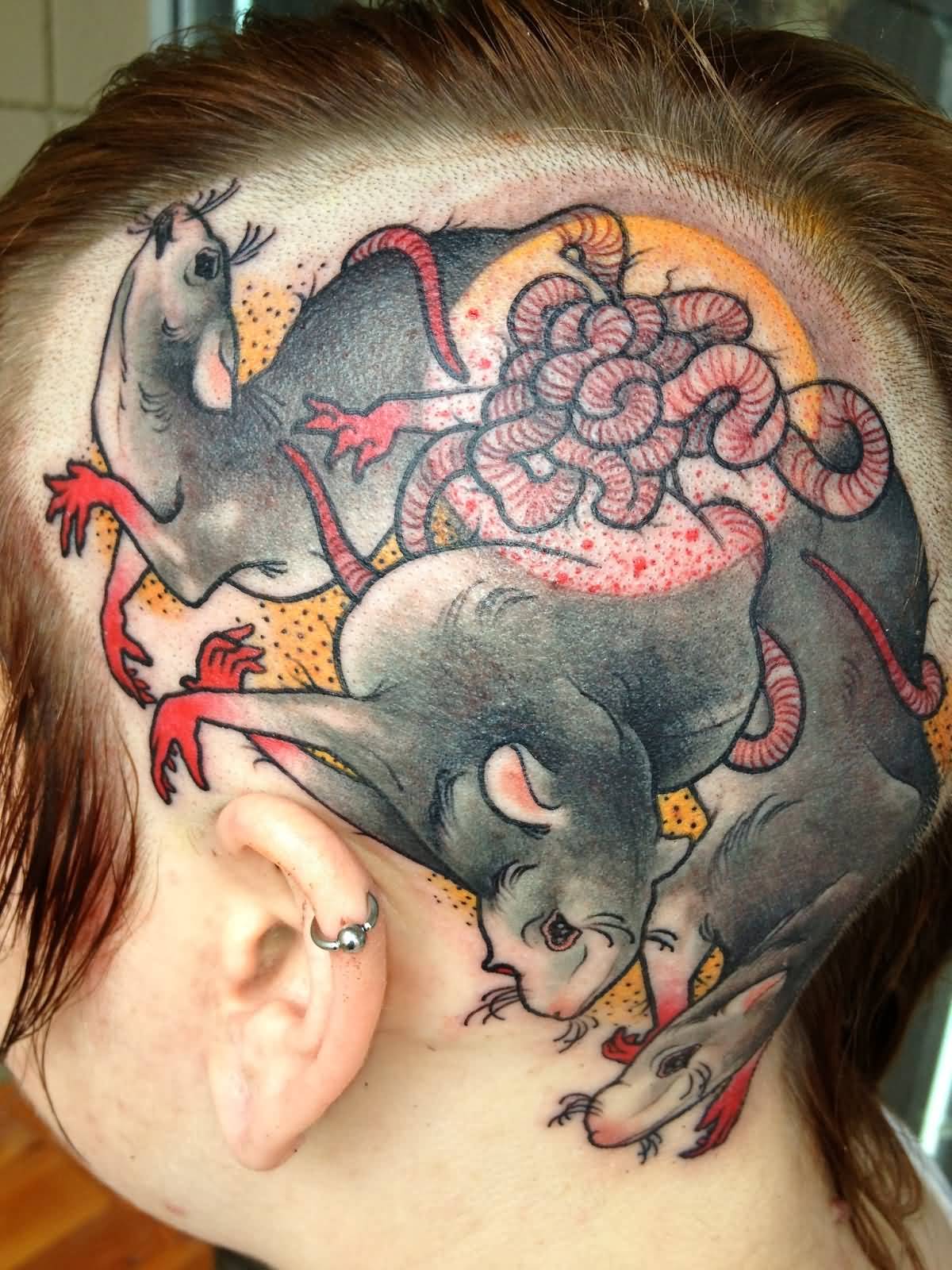 Nice Color Worms And Rats Tattoo On Side Head