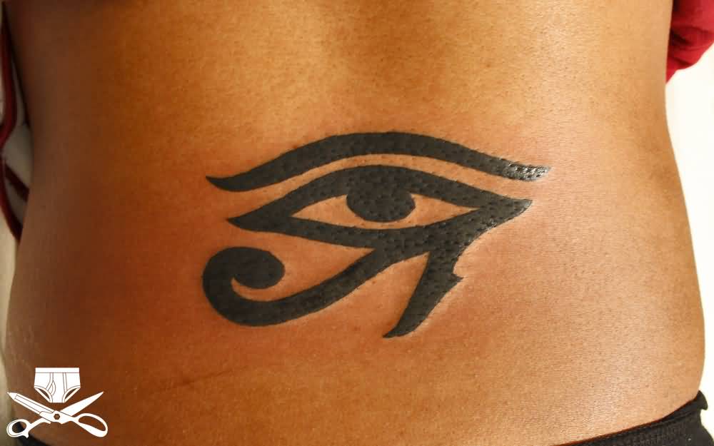 Nice Dark Black Ink Horus Eye Tattoo On Lower Back