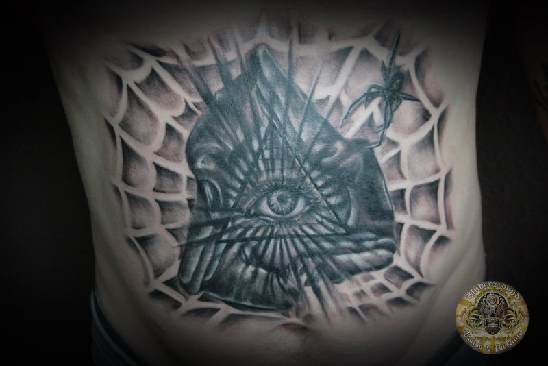 Nice Dark Ink Triangle Eye With Spider Web Tattoo
