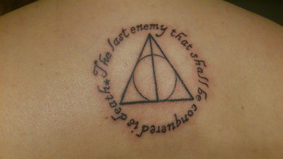 Nice Deathly Hallows In Quote Circle Tattoo
