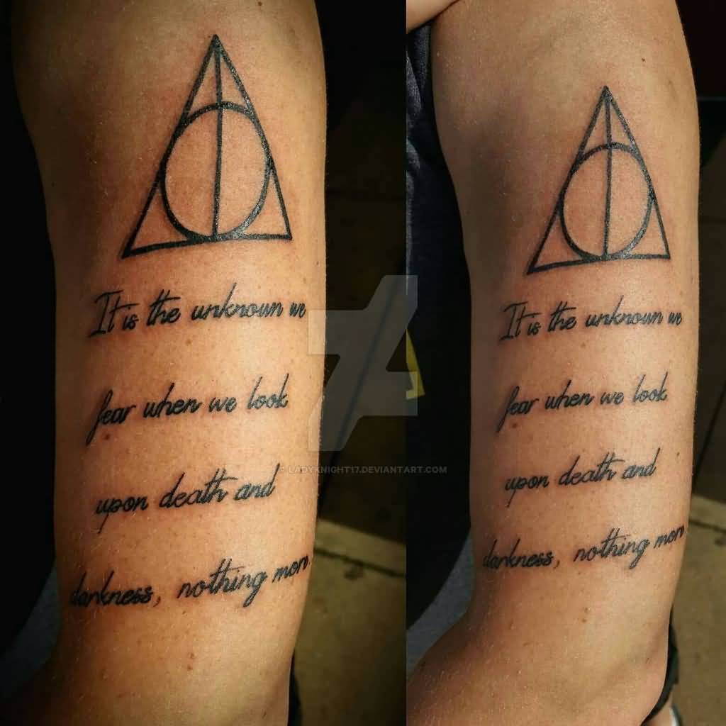 Nice Deathly Hallows With Lettering Tattoo On Half Sleeve