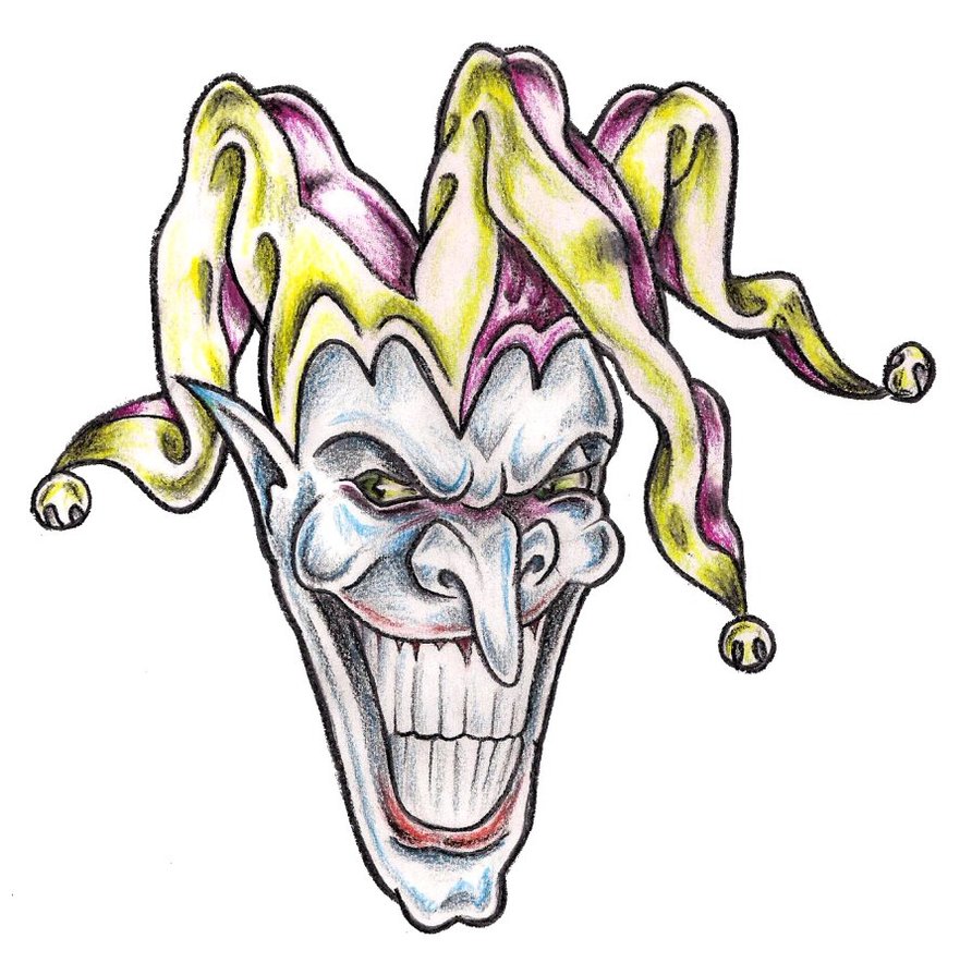 Nice Evil Jester With Colored Cap Tattoo Drawing